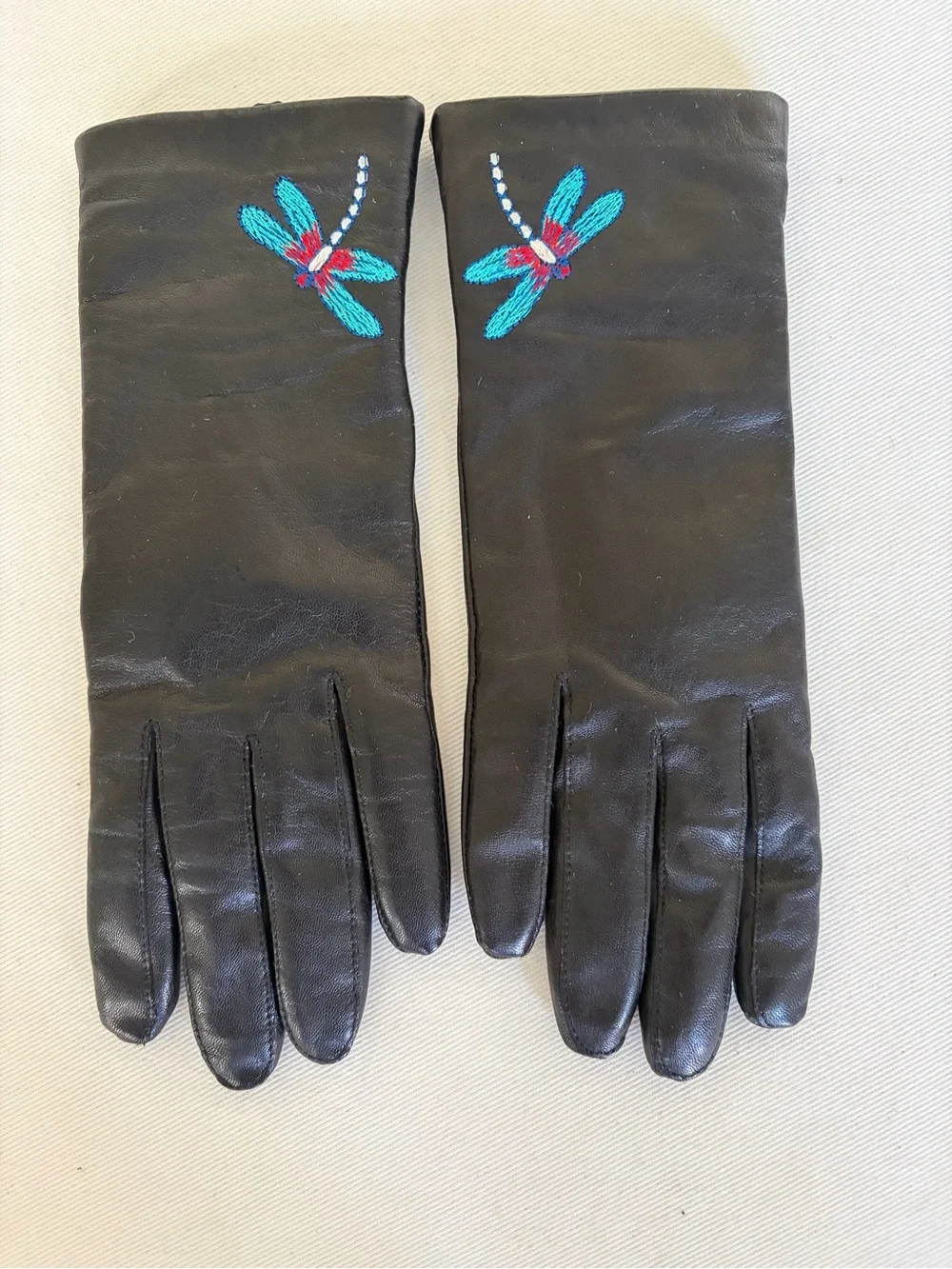 Met Museum Dragonfly Leather Gloves Wool Lined Art Nouveau Black
